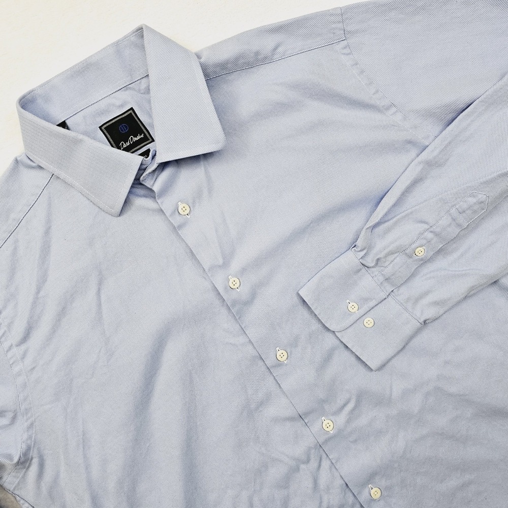 David Donahue Mens 17.5 34 35 Blue Button Up Long Sleeve Trim Dress Shirt Preppy